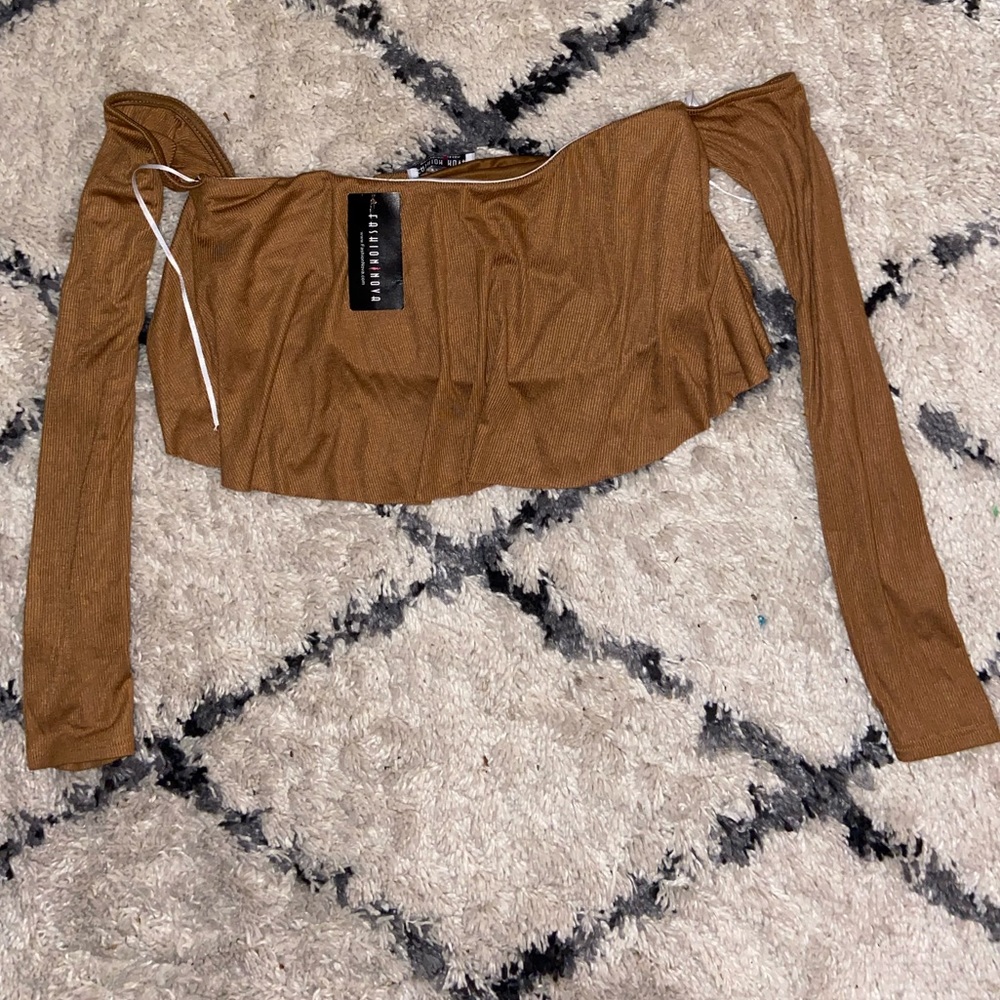 Fashionnova Camel brown off shoulder crop top